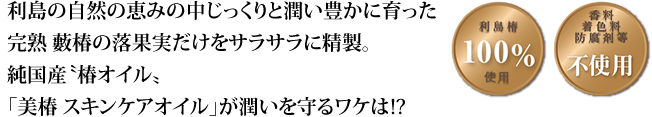 利島の自然の恵みの中じっくりと潤い豊かに育った完熟 藪椿の落果実だけをサラサラに精製。
純国産〝椿オイル〟「美椿 スキンケアオイル」が潤いを守るワケは!?